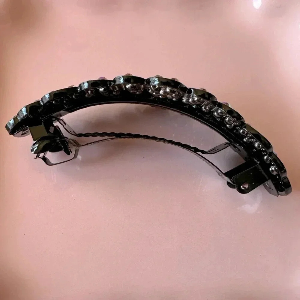 Peach and Aurora Borealis Crystals set in Black Hematite Hair Barrette - Picture 3 of 6